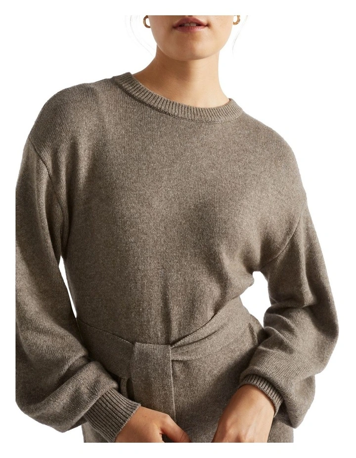 Tie Front Knit Midi Dress in Brown image 3