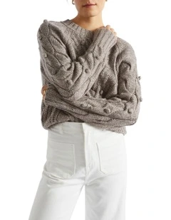 Twist Pom Pom Cable Knit in Brown