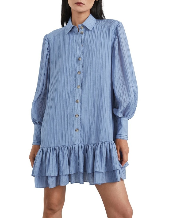 Ruffle Button Through Dress in Blue