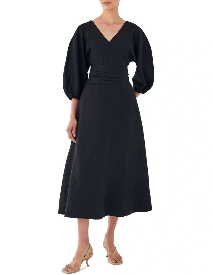 Linen Wrap Dress in Black image 1