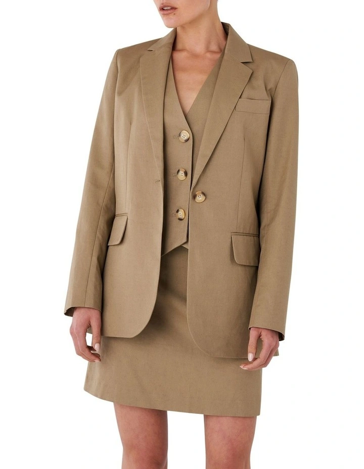 Linen Relaxed Tailored Blazer in Taupe Brown image 2