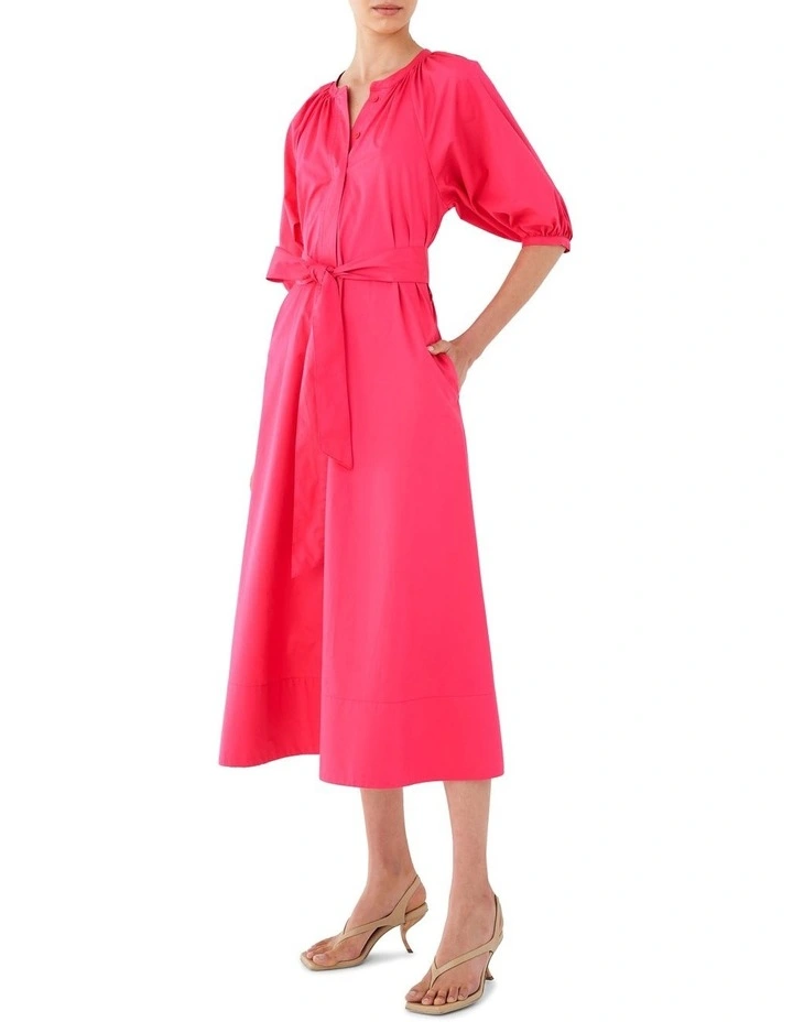 Poplin Cotton Full Sleeve Dress in Fuchsia Pink image 1