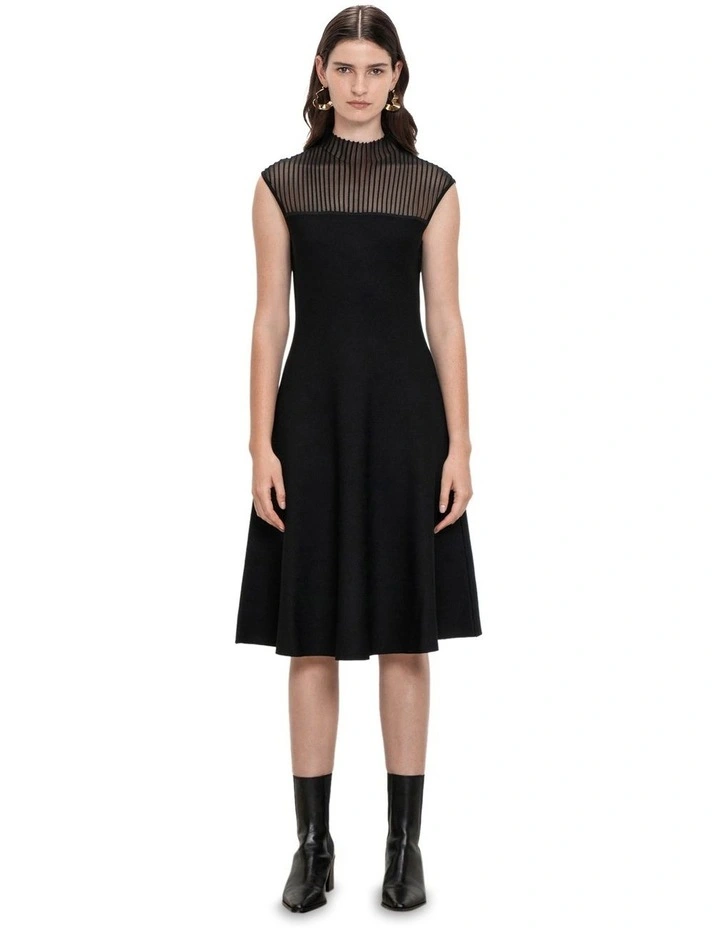 Sheer Yoke Knit Dress in Black image 1