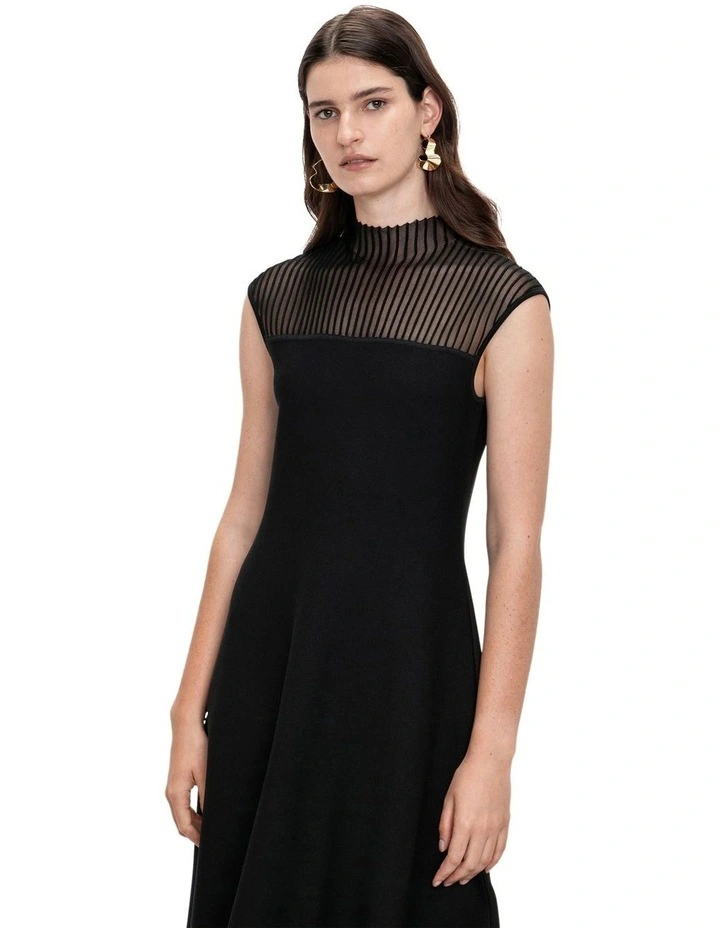 Sheer Yoke Knit Dress in Black image 3