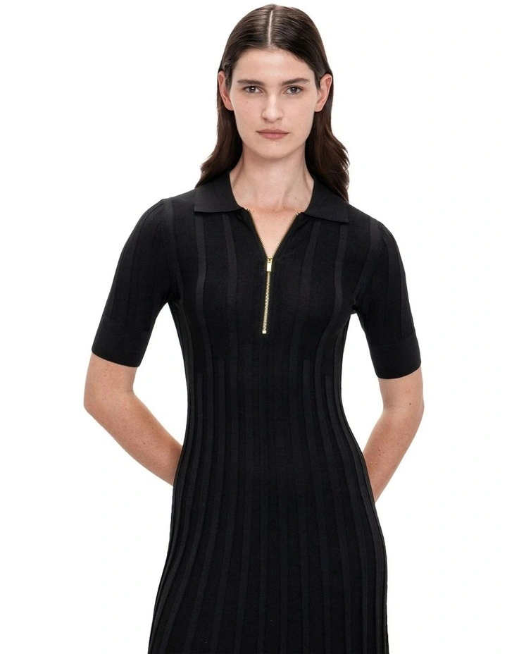 Zip Front Polo Knit Dress in Black image 3