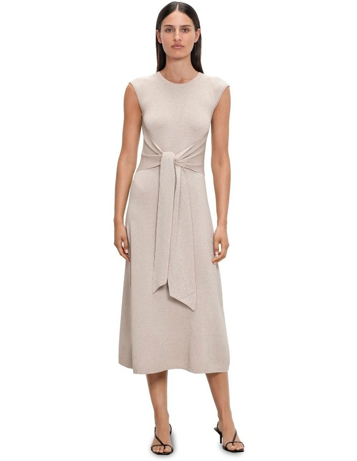 Lurex Tie Front Knit Dress in Champagne image 1