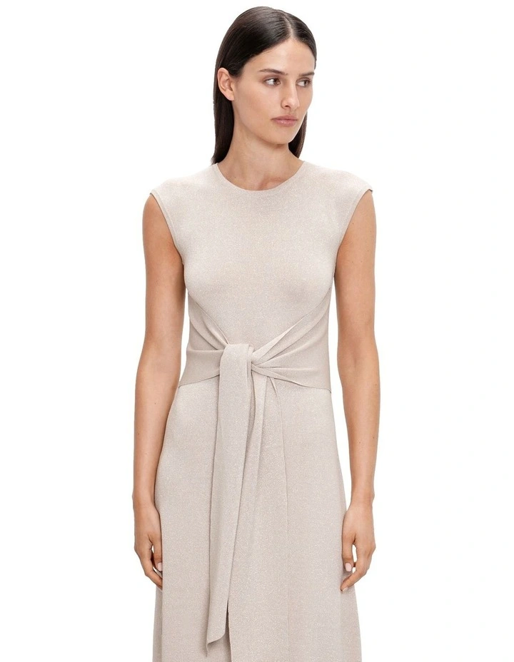 Lurex Tie Front Knit Dress in Champagne image 3