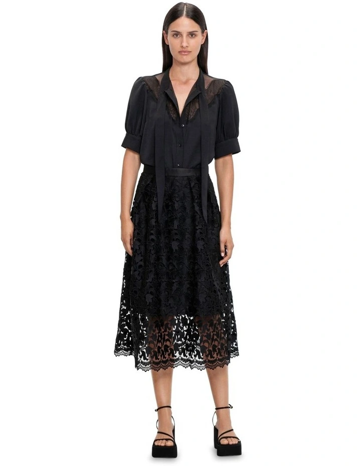 Lace Yoke Short Sleeve Blouse in Black image 1