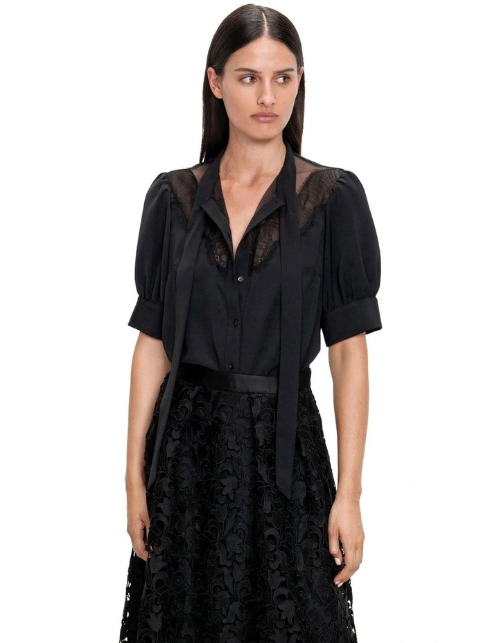 Lace Yoke Short Sleeve Blouse in Black image 3
