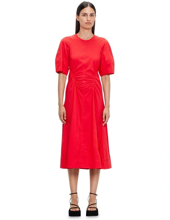 Fine Cotton Gathered Midi Dress in Red image 1