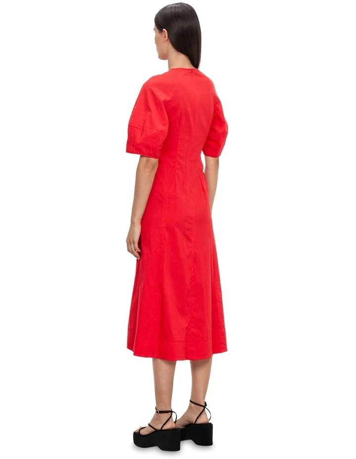 Fine Cotton Gathered Midi Dress in Red image 2