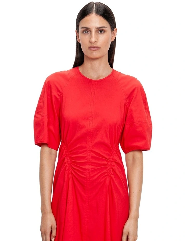 Fine Cotton Gathered Midi Dress in Red image 3