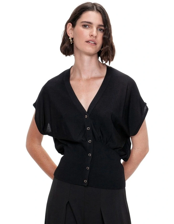 Draped Button Through Knit Cardigan in Black image 3