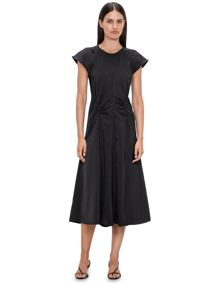 Washer Satin Gathered Dress in Black image 1