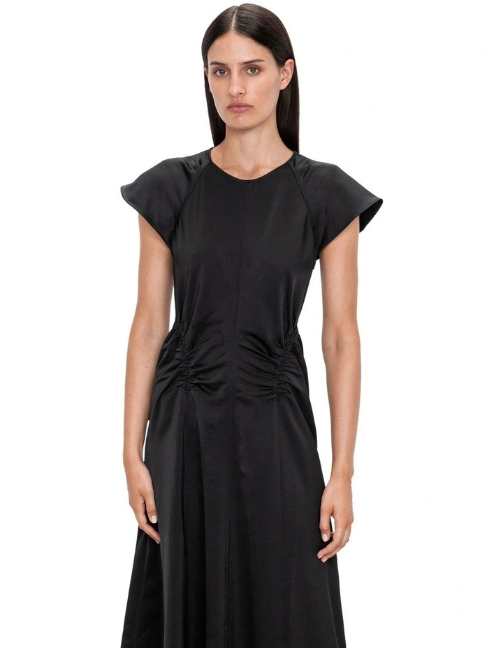Washer Satin Gathered Dress in Black image 3