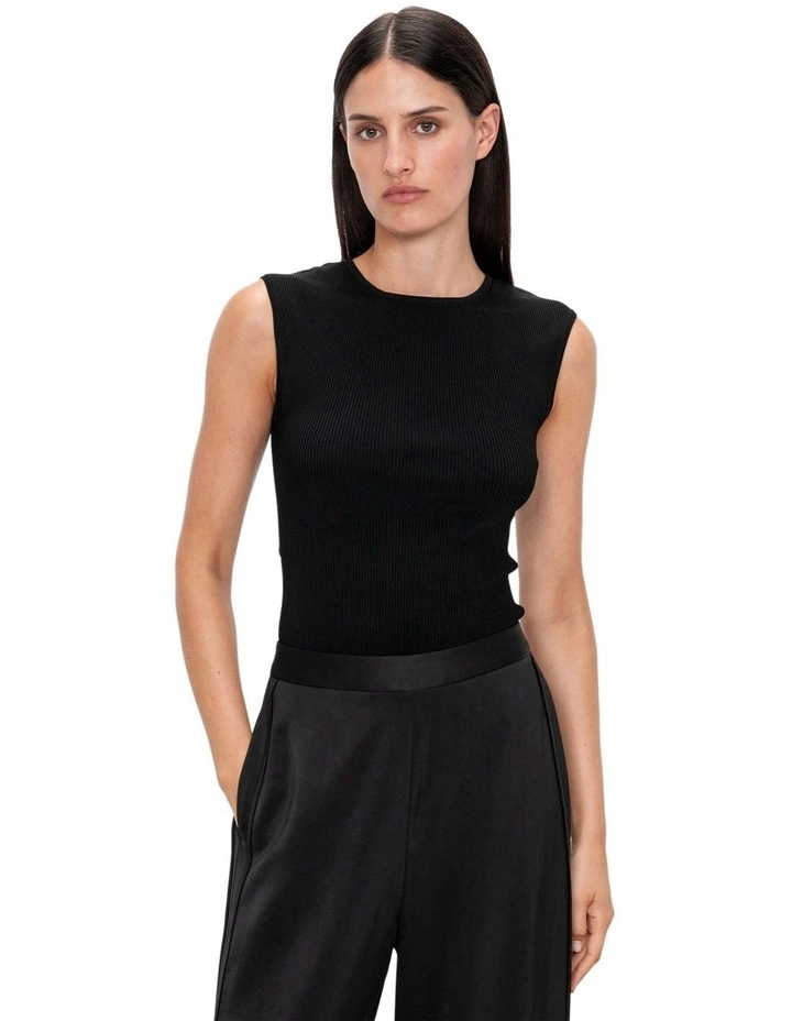 Ribbed Cap Sleeve Boat Neck Knit Top in Black image 3