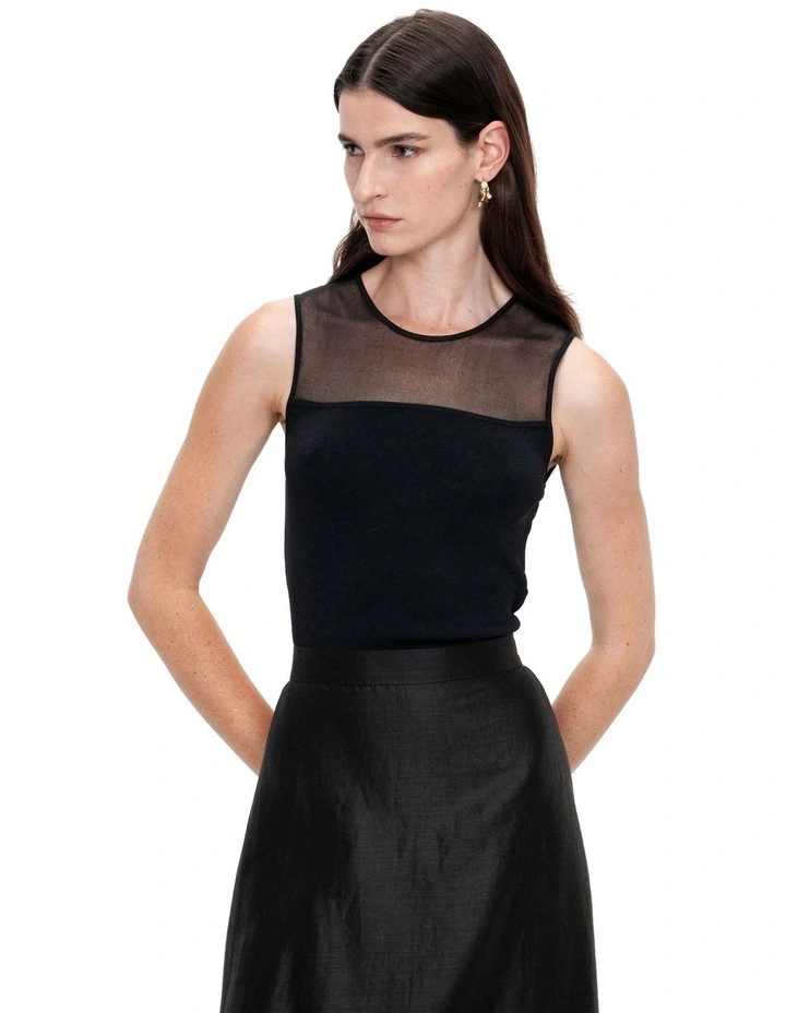 Sheer Yoke Knit Tank in Black image 3