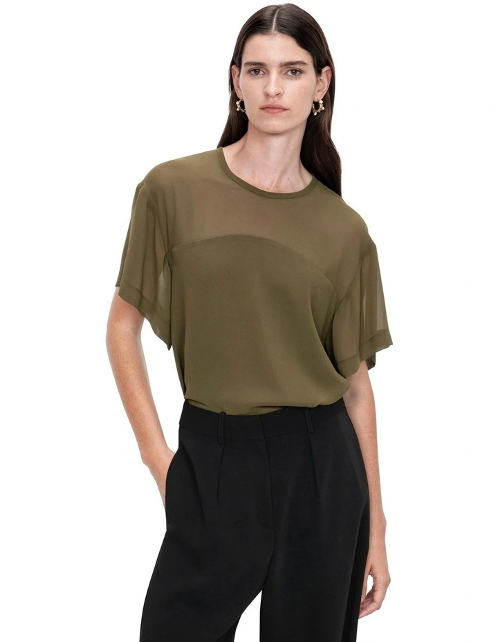 Light Chiffon Sheer Neck Top in Dark Olive image 3