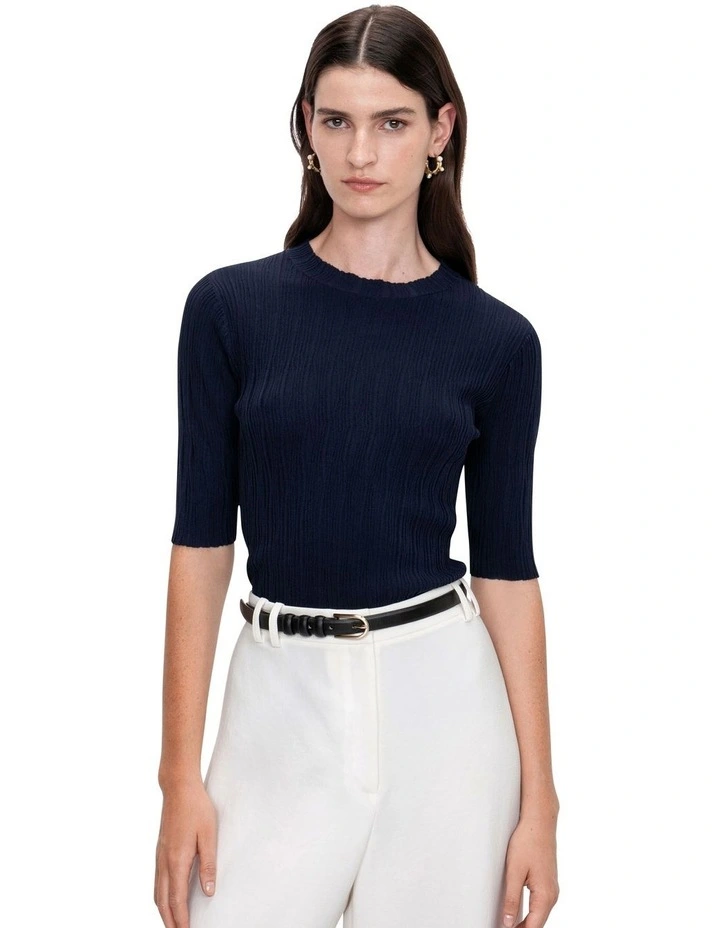 Veronika Maine Wavy Rib Elbow Sleeve Knit Top in Ink | MYER