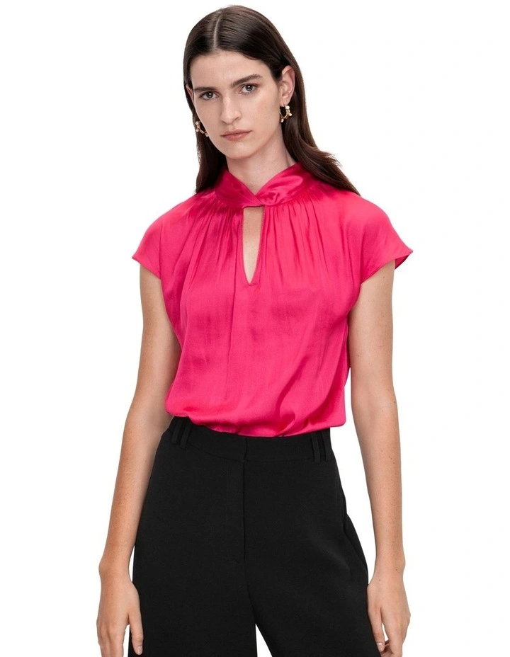 Soft Satin Twist Neck Top in Pink image 3