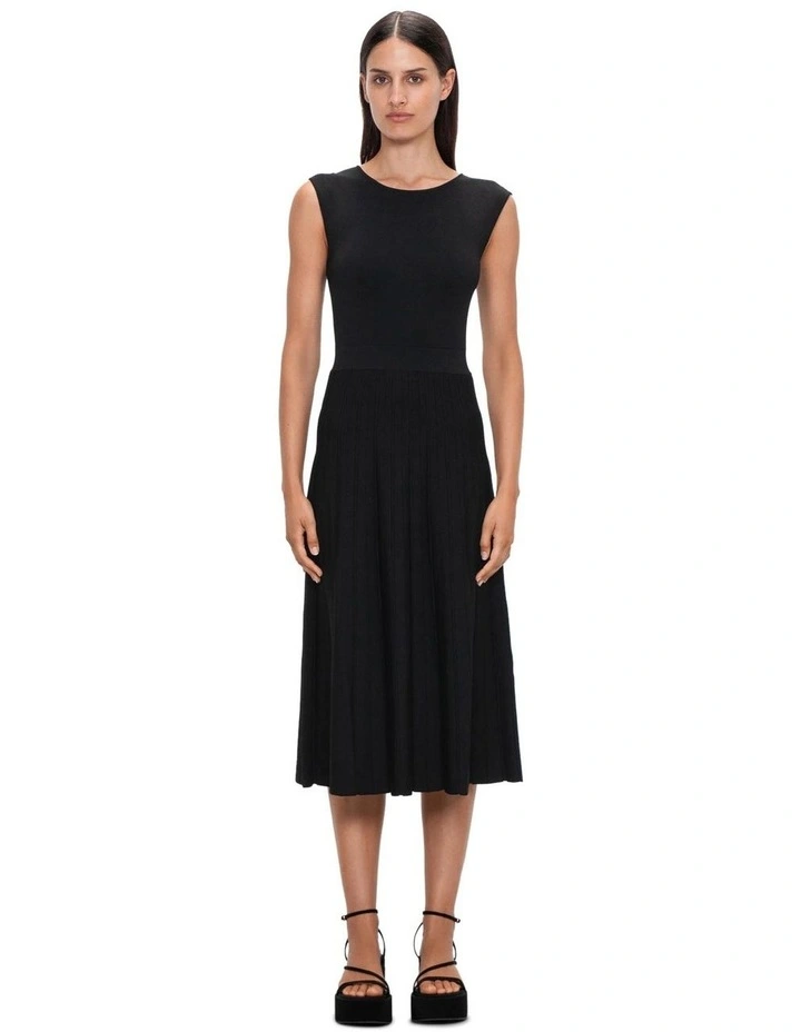 Cap Sleeve Pleated Knit Dress in Black image 1