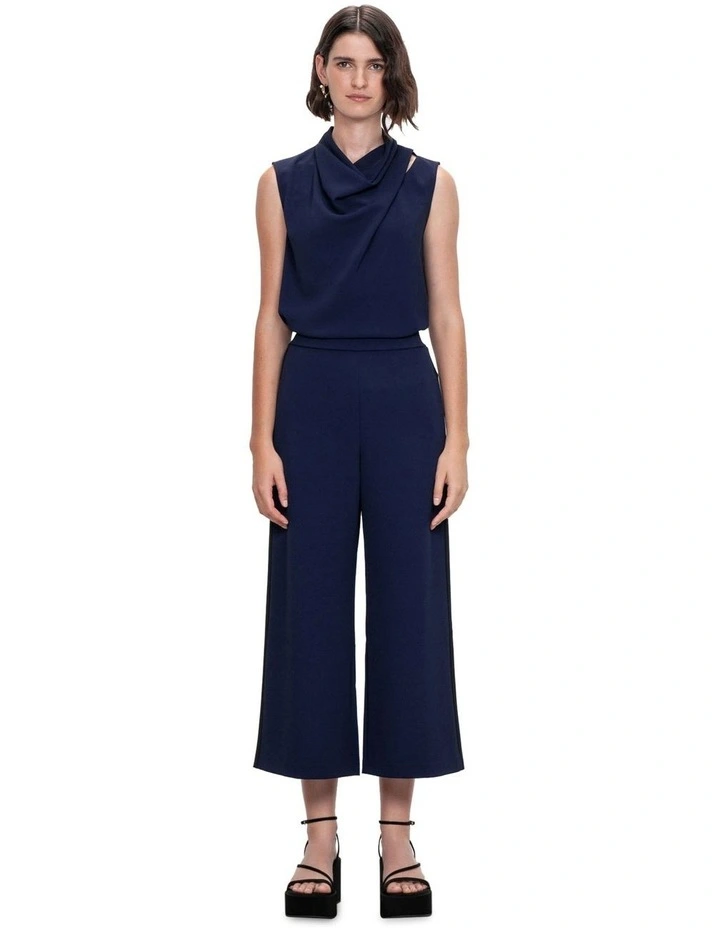 Stretch Twill Cowl Neck Top in Navy Blue image 1