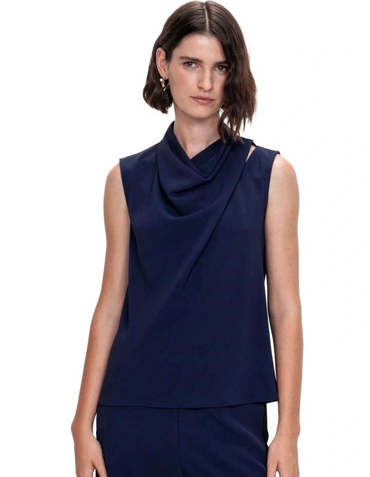 Stretch Twill Cowl Neck Top in Navy Blue image 3