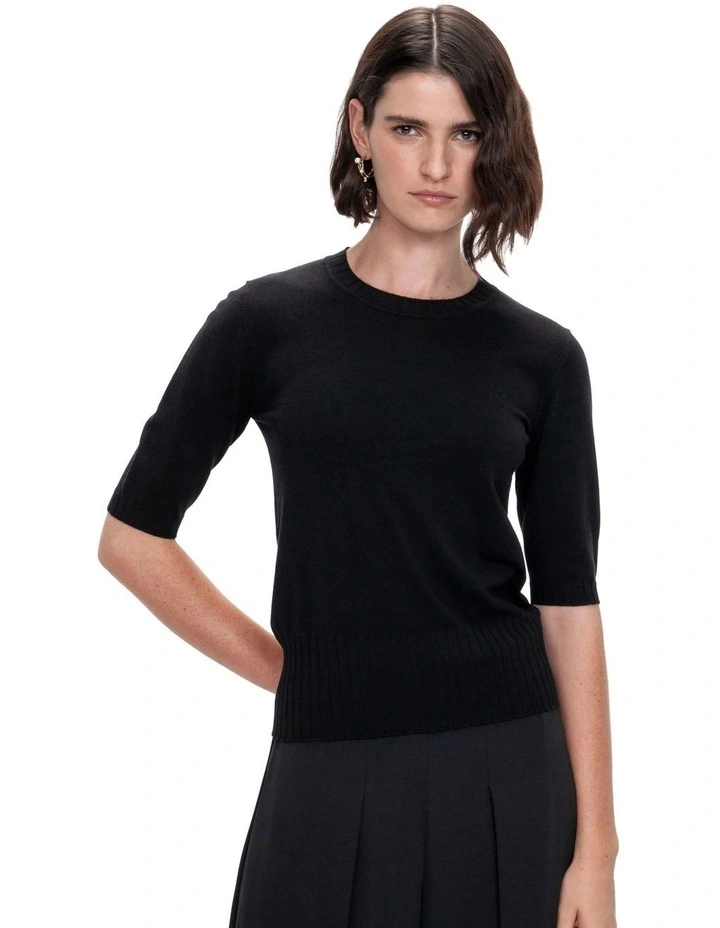 Elbow Sleeve Round Neck Knit in Black image 3