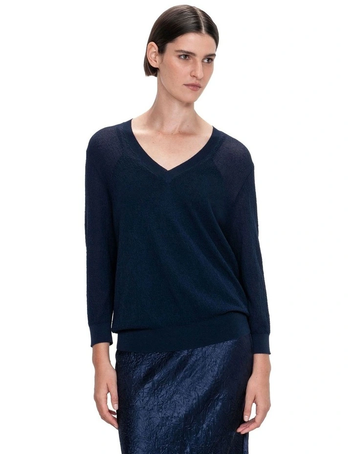 Sheer Crepe V-Neck Knit in Ink image 3