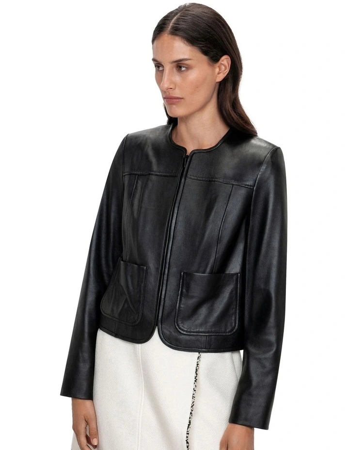 Leather Bound Crew Zip Front Jacket in Black image 3