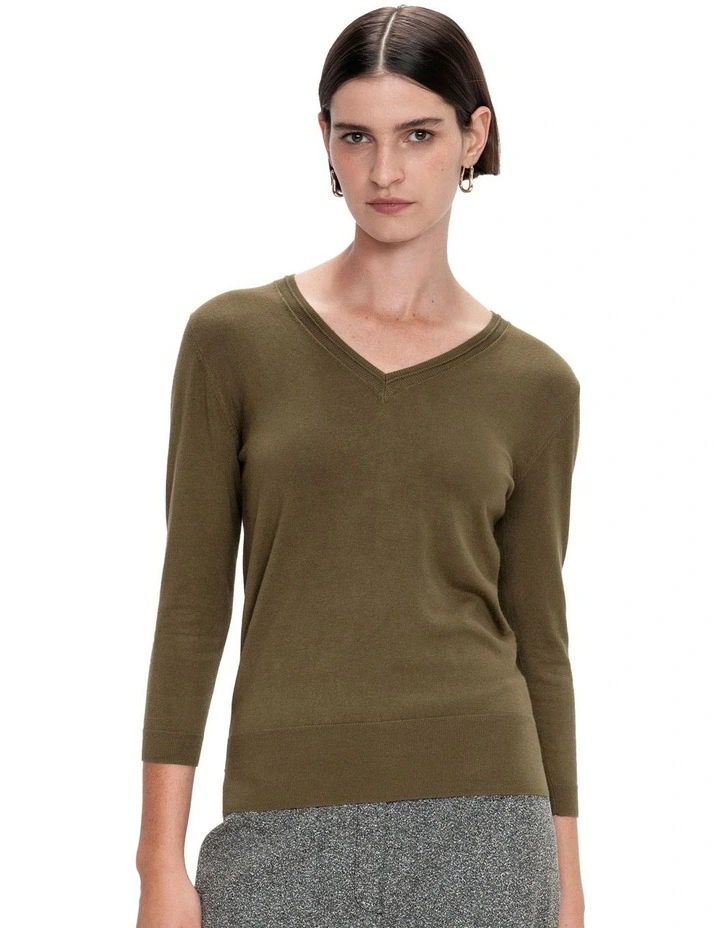 3/4 Sleeve V-Neck Knit in Olive image 3