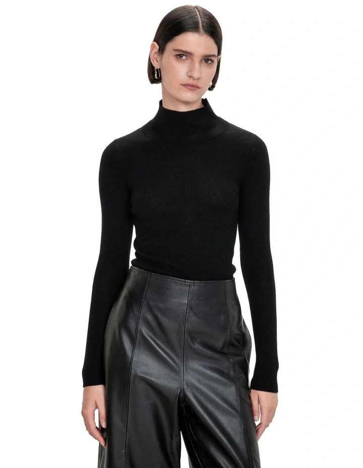 Merino Funnel Neck Ribbed Knit Jumper in Black image 3