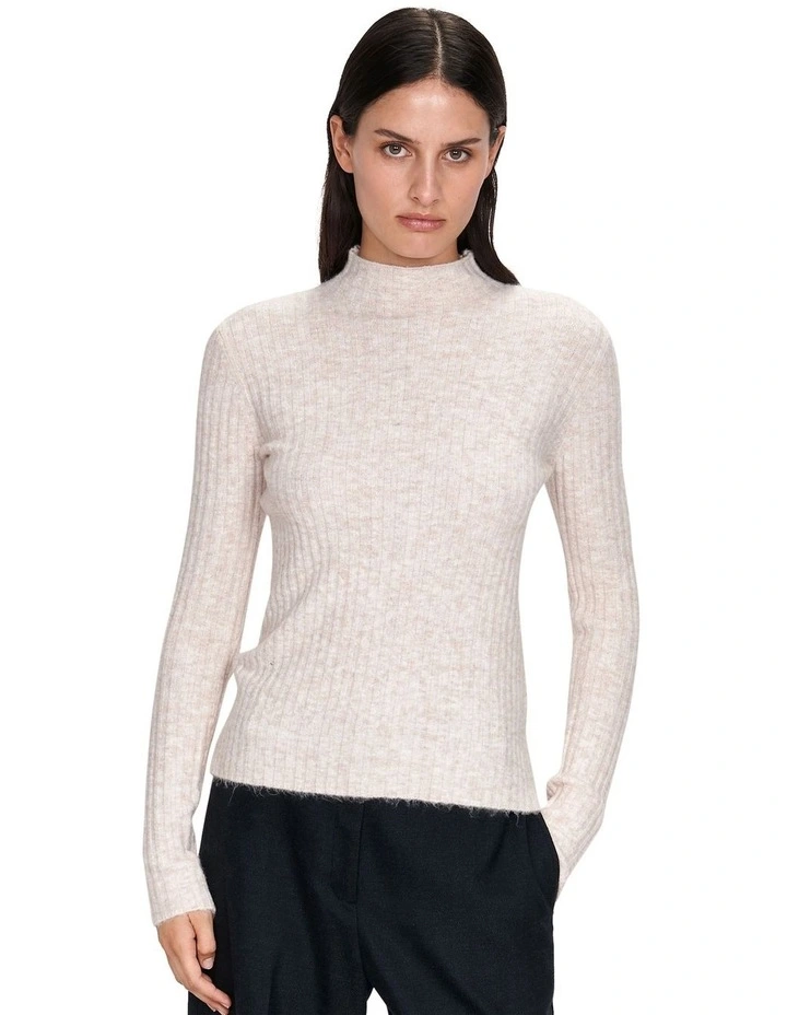 Fuzzy Funnel Neck Ribbed Knit in Cream image 1