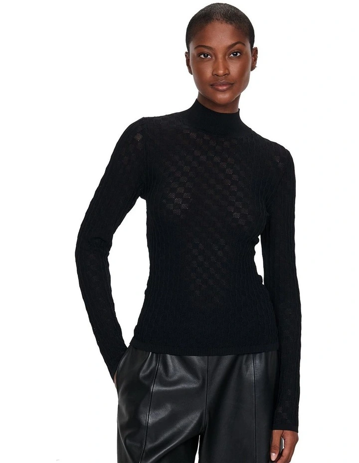 Semi Sheer Textured Funnel Neck Knit in Black image 1