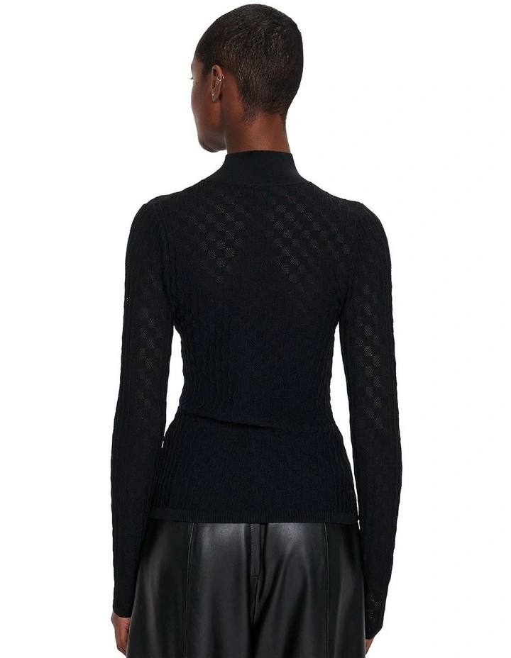 Semi Sheer Textured Funnel Neck Knit in Black image 2