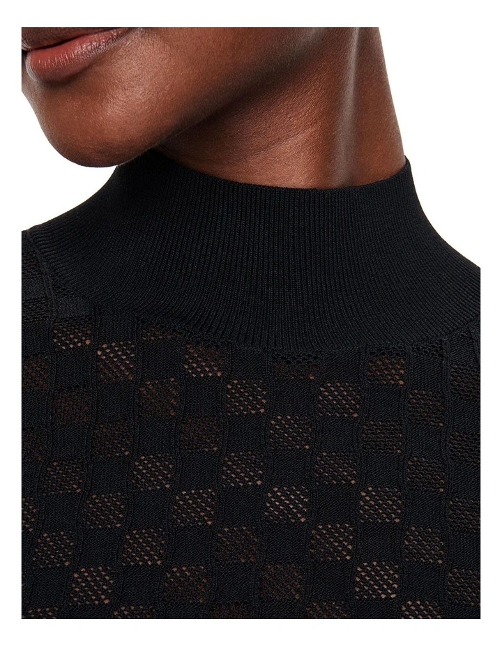 Semi Sheer Textured Funnel Neck Knit in Black image 3
