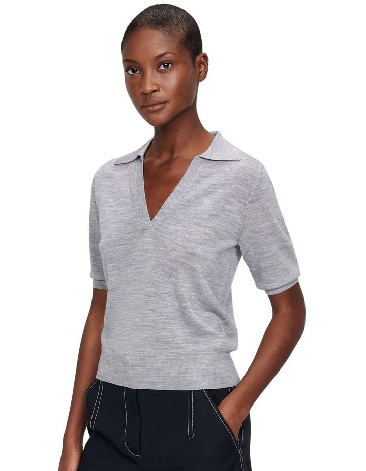 Merino Wool Collared Short Sleeve Knit in Grey image 2