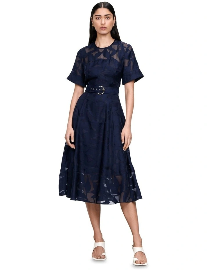 Sheer Burnout Leaves Belted Midi Dress in Blue image 1