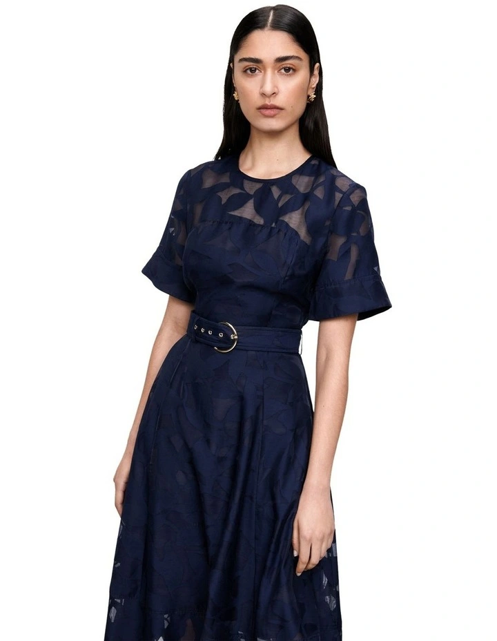 Sheer Burnout Leaves Belted Midi Dress in Blue image 2