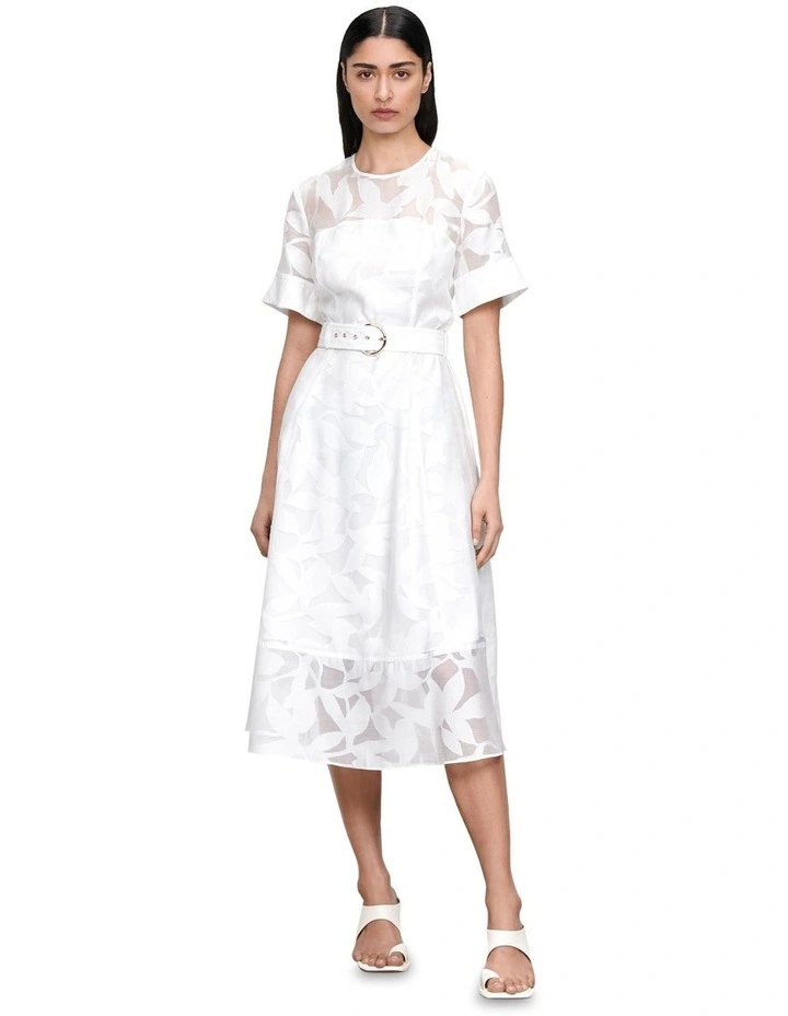 Sheer Burnout Leaves Belted Midi Dress in Ivory image 1