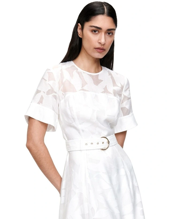 Sheer Burnout Leaves Belted Midi Dress in Ivory image 2