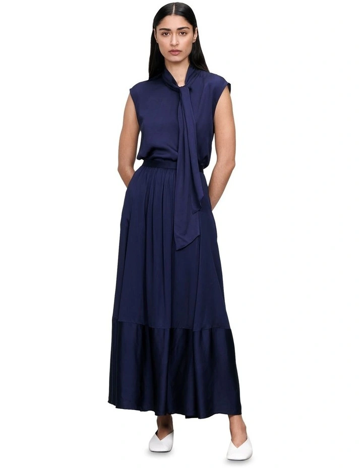 Fluid Twill Tie Neck Top in Navy image 1