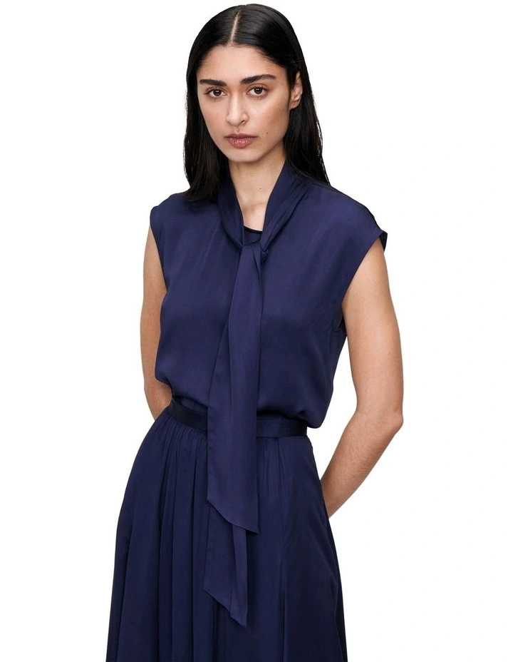 Fluid Twill Tie Neck Top in Navy image 2