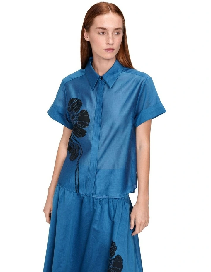 Cotton Silk Poppy Print Shirt in Azure image 3