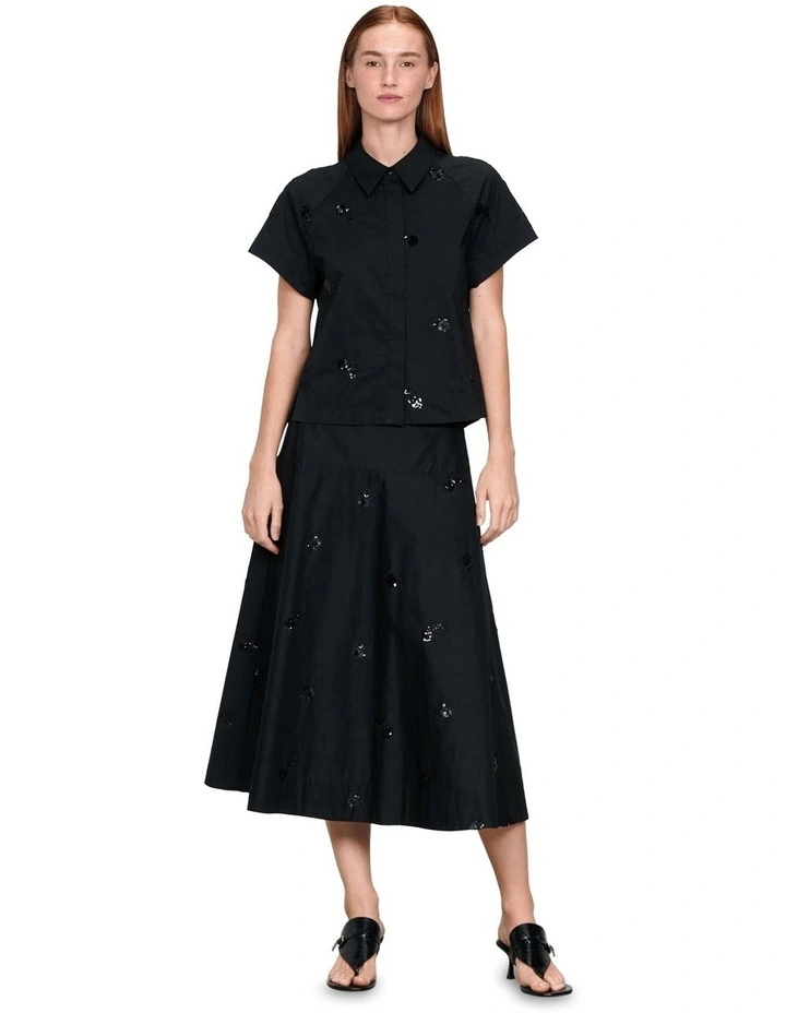 Sequin Flower Cotton Shirt in Black image 1