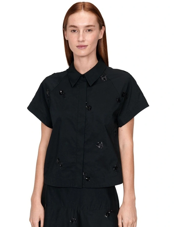 Sequin Flower Cotton Shirt in Black image 3