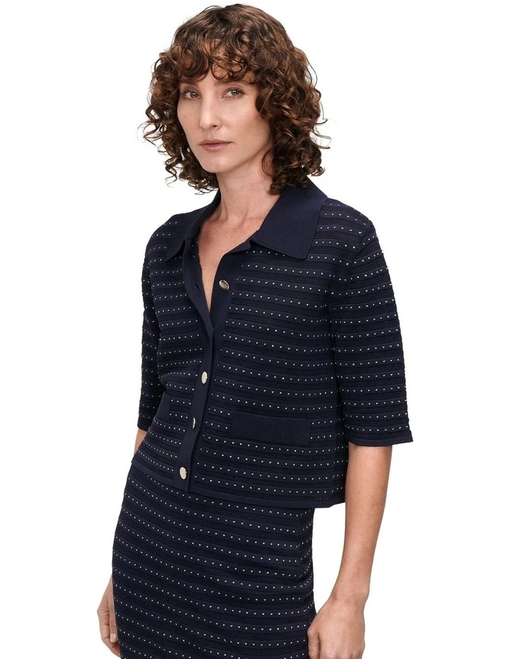 Lurex Pointelle Stripe Cardigan in Ink image 3