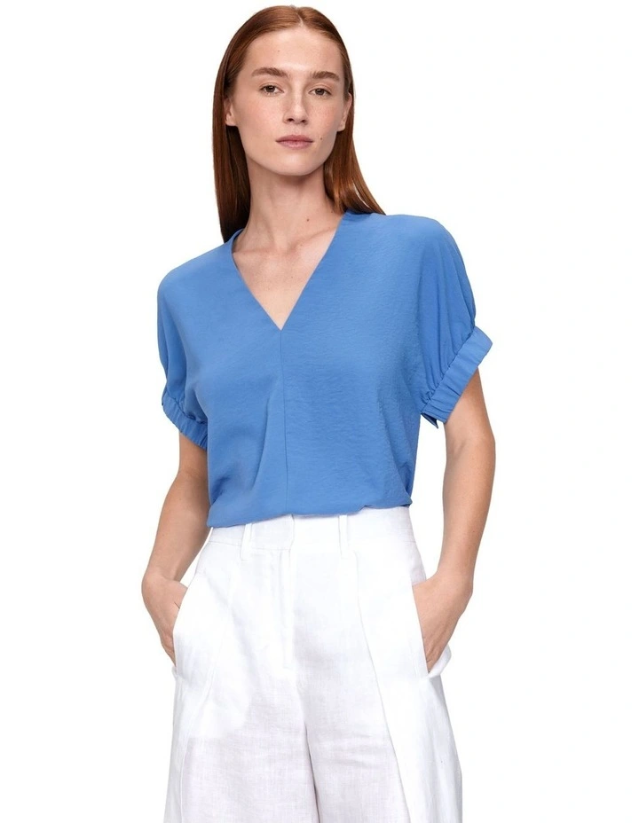 Washer Crinkle Gathered Sleeve Top in Iris Blue image 3