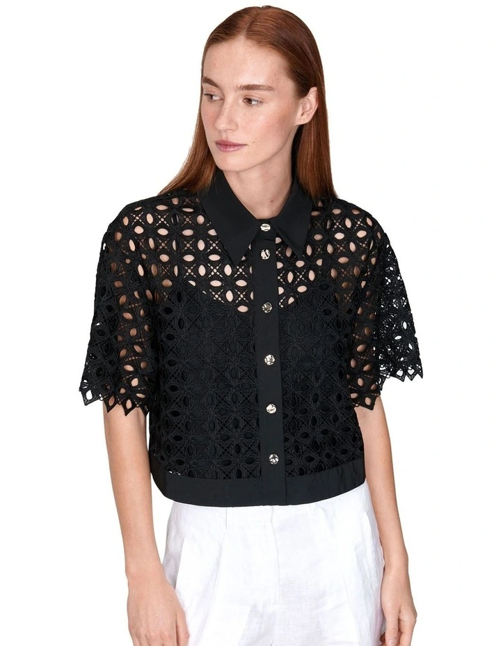 Geometric Scalloped Contrast Shirt in Black image 2