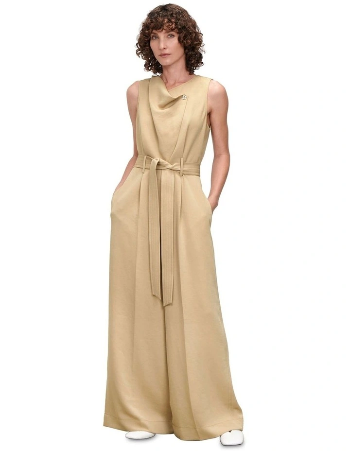 Grainy Twill Cowl Neck Jumpsuit in Camel image 1